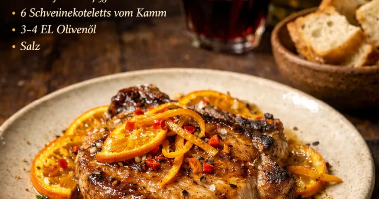 Arista di maiale con arance fritte (Schweinekoteletts mit Orangenschale)