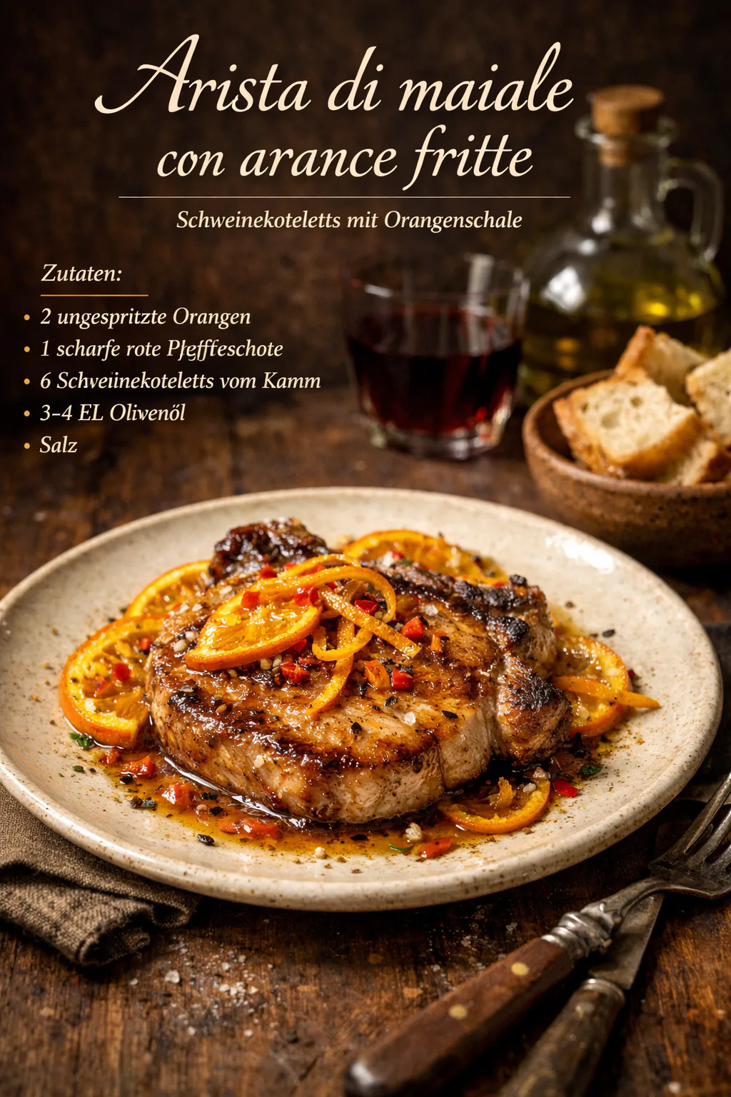 Arista di maiale con arance fritte (Schweinekoteletts mit Orangenschale)
