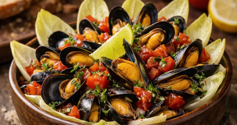 Miesmuscheln mit Chicoree und Tomaten
