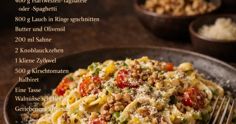 Tagliatelle al sugo di porro e noci (Tagliatelle mit Lauch-Walnuß-Sauce)
