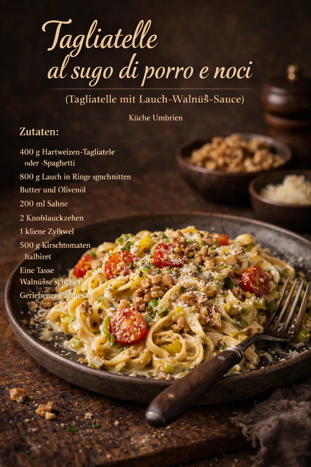 Tagliatelle al sugo di porro e noci (Tagliatelle mit Lauch-Walnuß-Sauce)