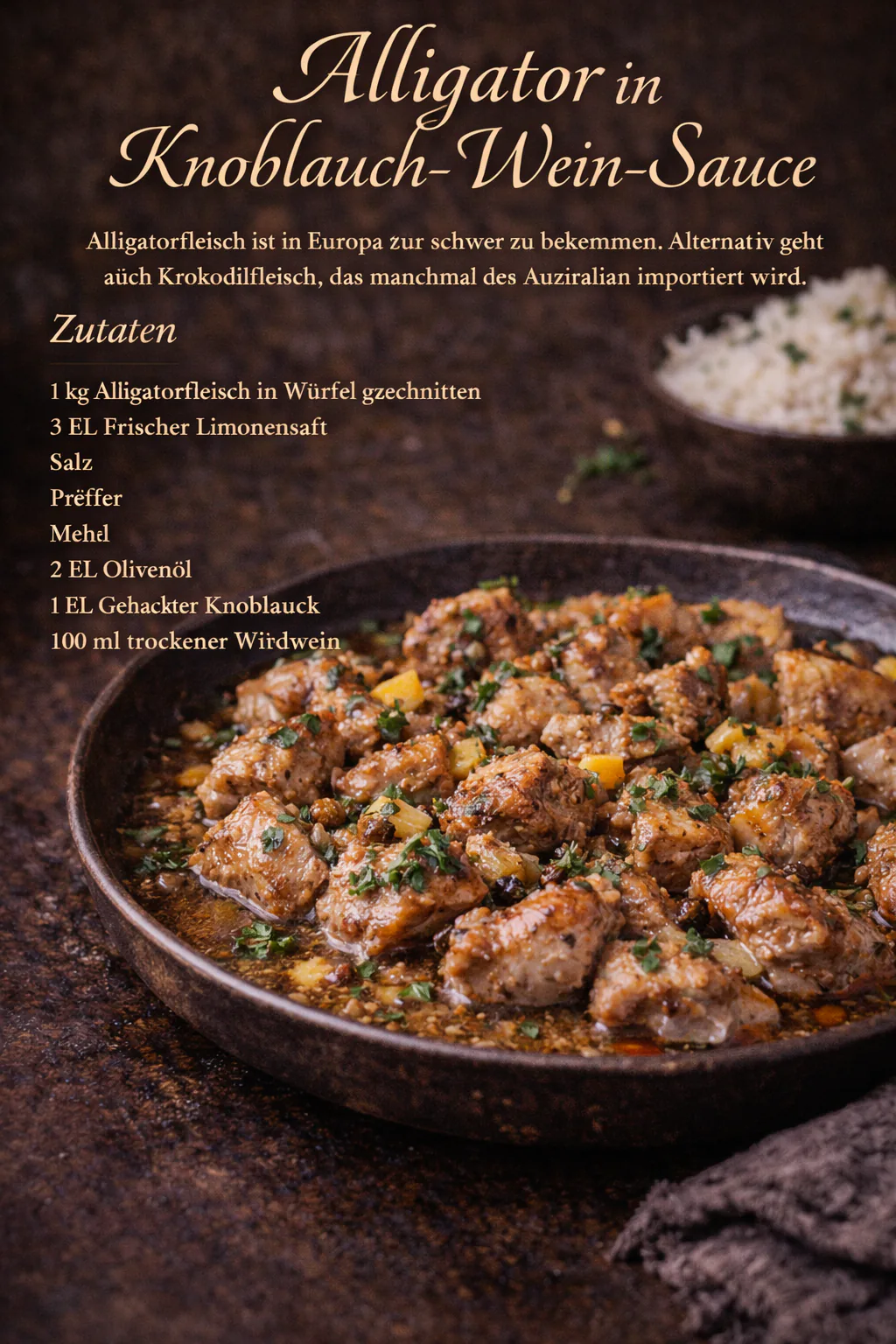 Alligator in Knoblauch-Wein-Sauce