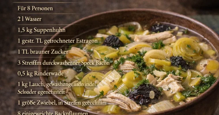 Cock-A-Leekie (Hühnersuppe mit Lauch und Backpflaumen)