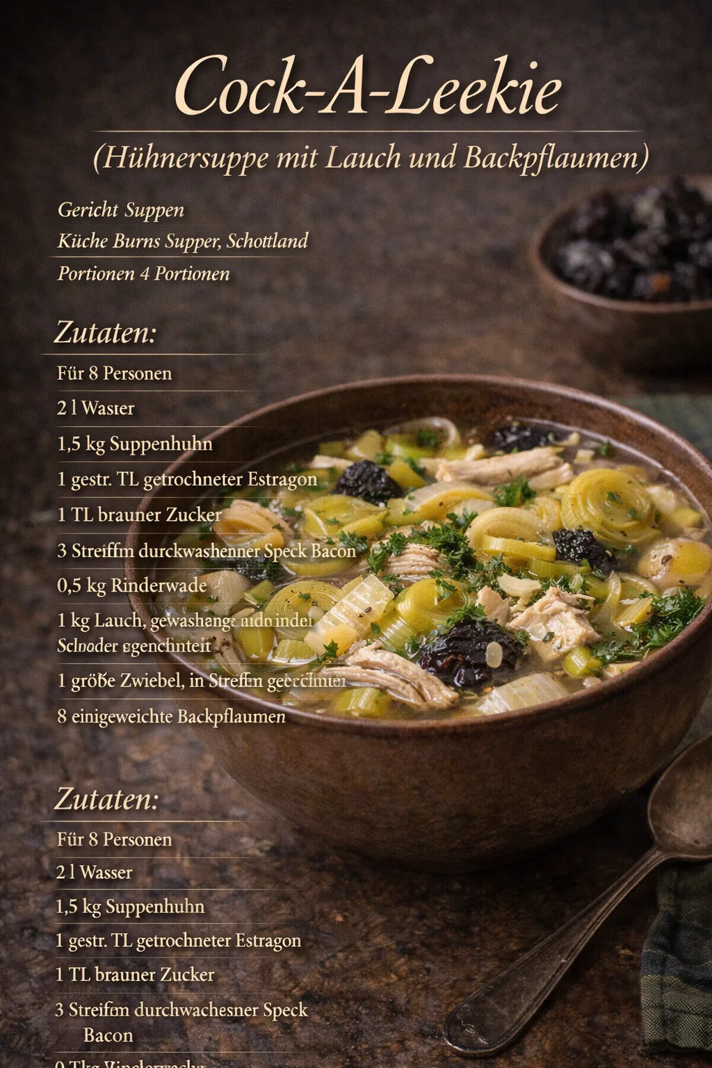Cock-A-Leekie (Hühnersuppe mit Lauch und Backpflaumen)