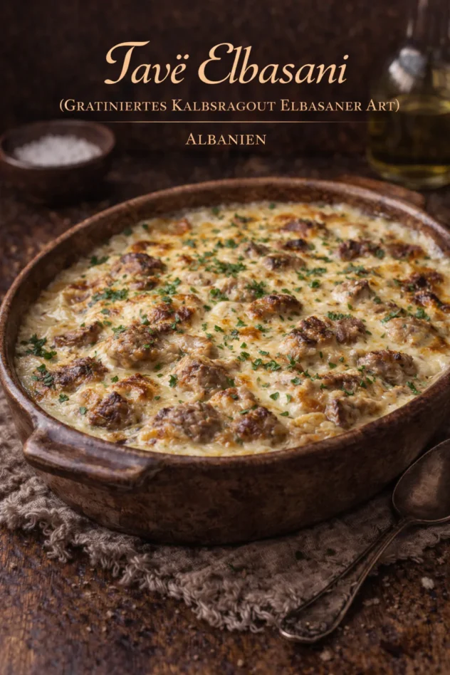 Tavë Elbasani (Gratiniertes Kalbsragout Elbasaner Art)