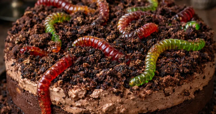 Halloween Rezept: Dark Chocolate Pecan „Würmer in Erde“ Mousse-Kuchen