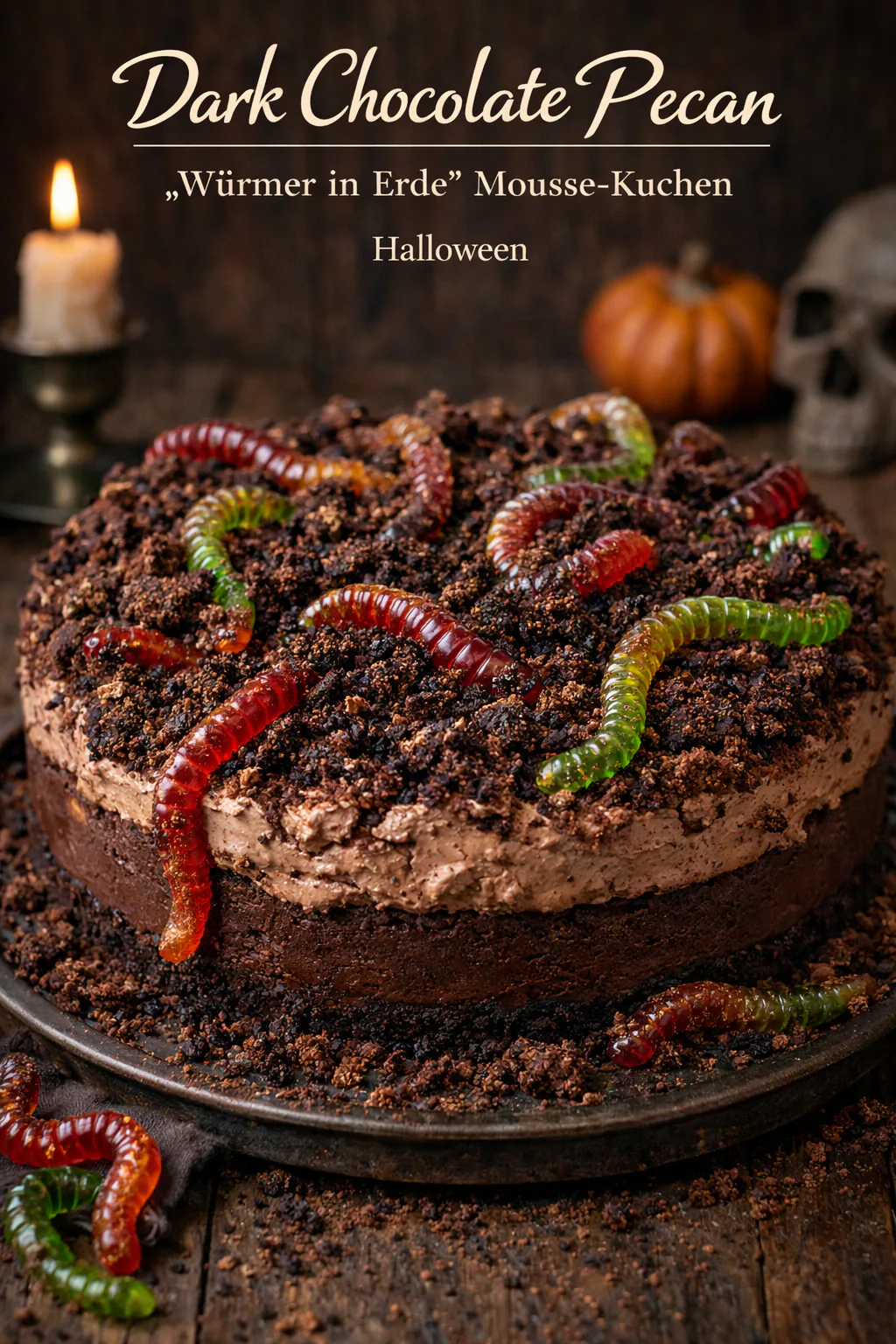 Halloween Rezept: Dark Chocolate Pecan „Würmer in Erde“ Mousse-Kuchen