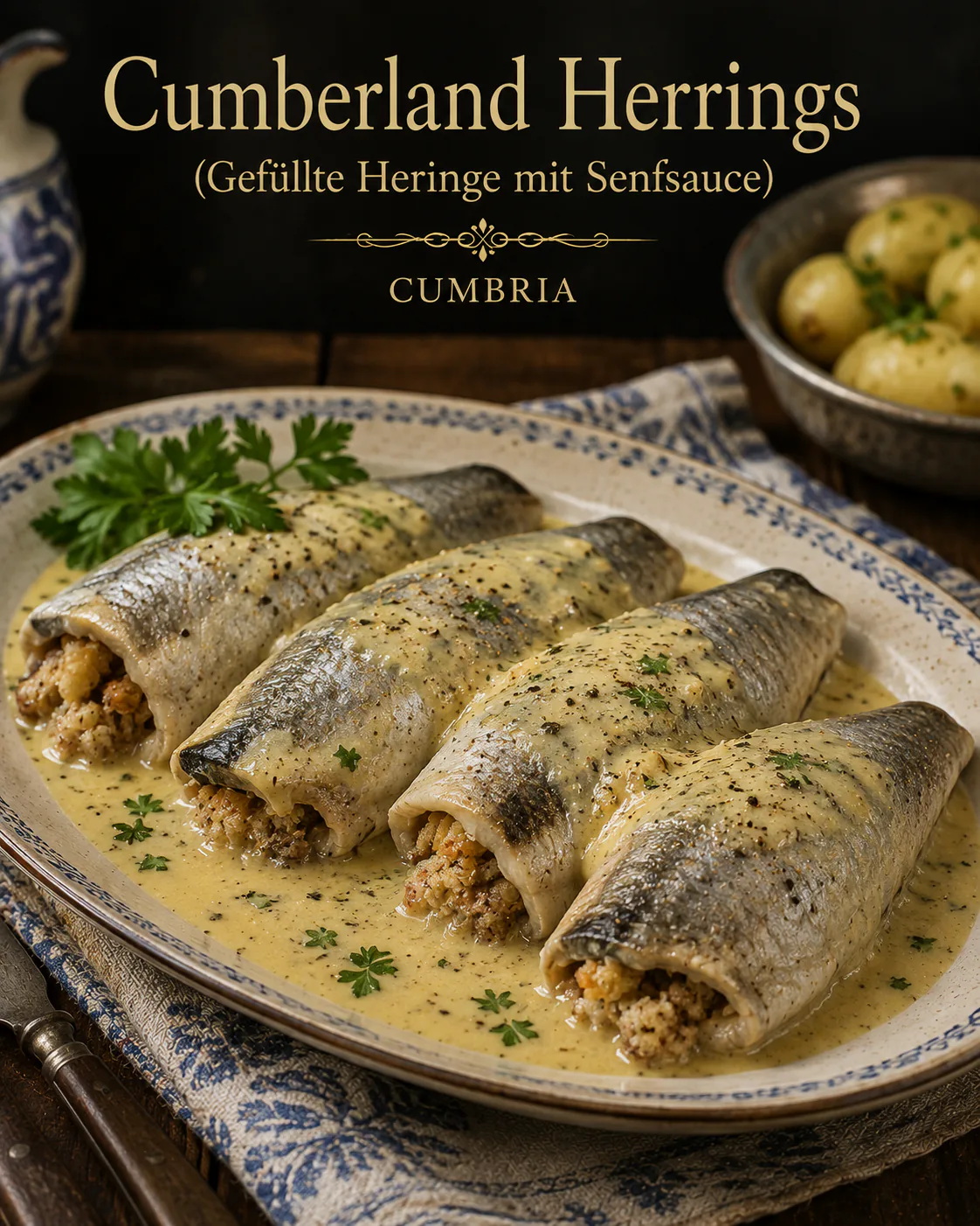 Cumberland Herrings (Gefüllte Heringe mit Senfsauce)